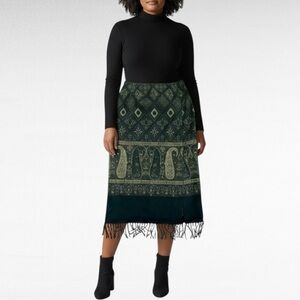 Parisian Signature | Olive Green Ethnic Paisley Wool Blend Fringed Midi Skirt